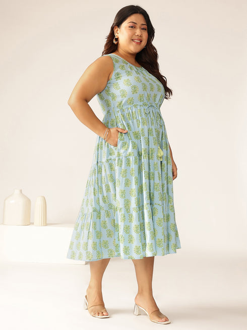 Plus Size Light Blue Pure Cotton Ethnic Motifs Printed Tiered Dress